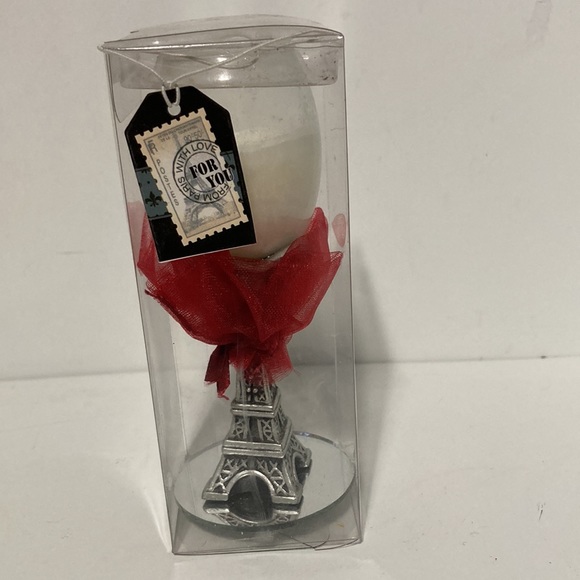 EIFFEL TOWER Wine Glass Candle Holder with Candle and Red Ribbon 4.5 inches - Picture 12 of 14